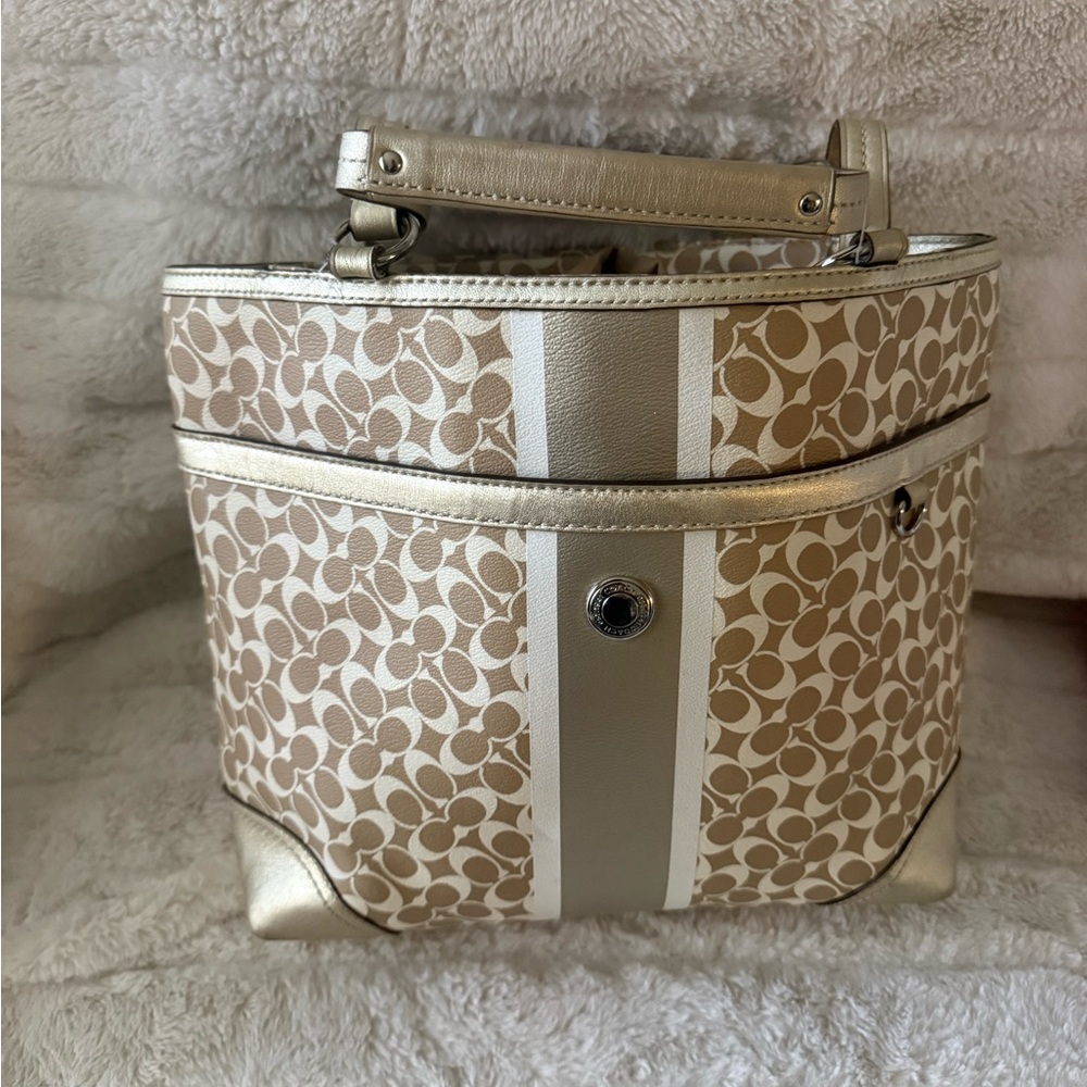 Coach gold/tan/cream  Signature Canvas tote with Metallic Trim